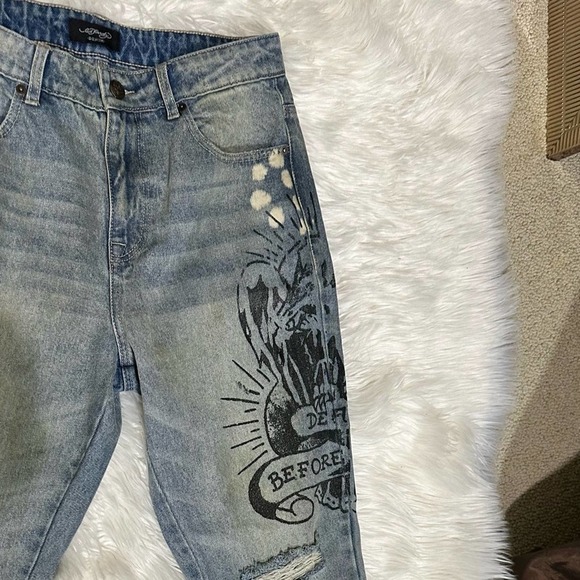 Ed Hardy Denim Jeans Tattoo Print Death Before Dishonor Distressed knees - Picture 10 of 13
